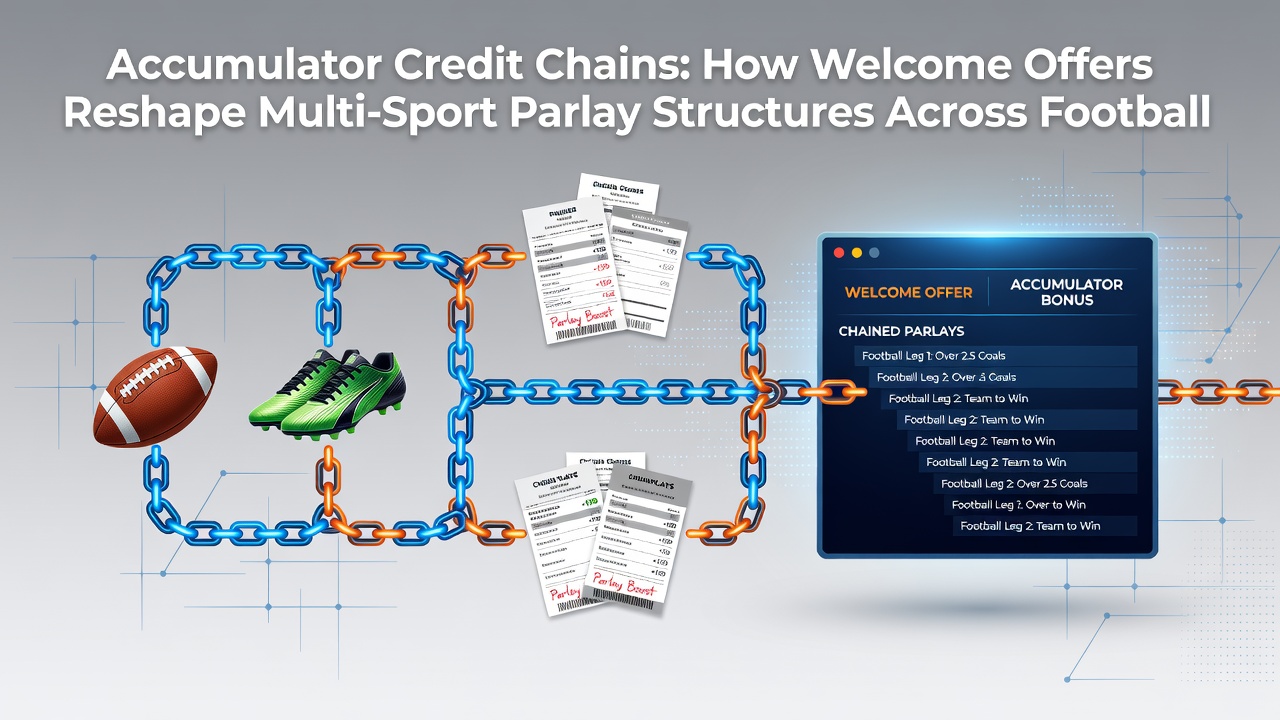 Diagram of credit flow between football, tennis, and racing accumulator stages showing bonus activation points