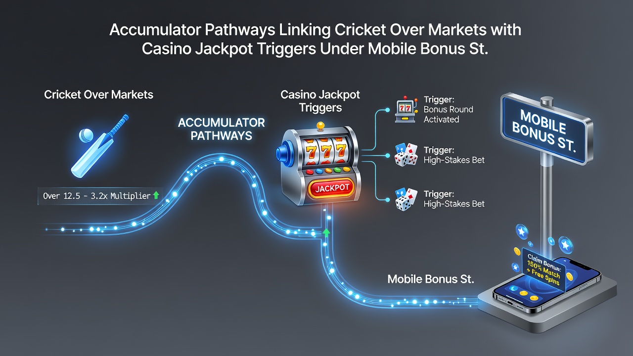 Mobile app interface illustrating cricket accumulator bets feeding into casino jackpot bonus structures