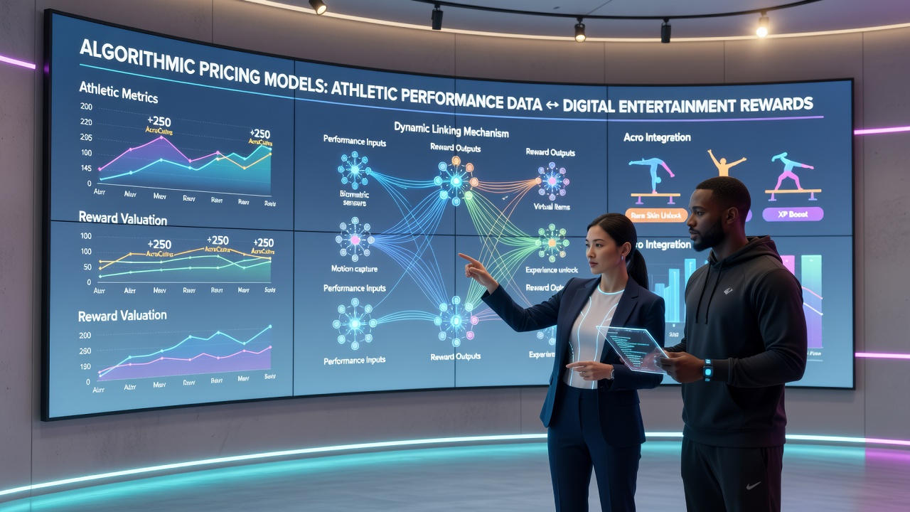 Digital interface displaying real-time athletic performance data feeding into algorithmic reward calculations on a global entertainment platform