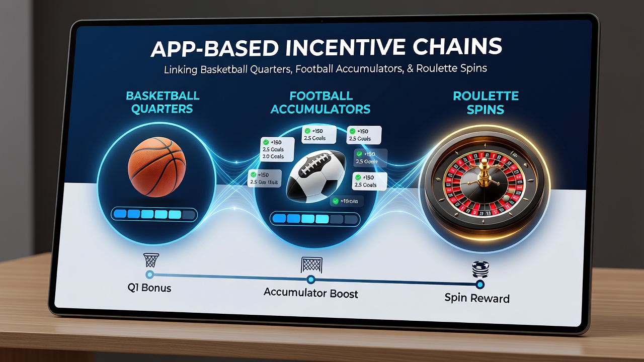 Illustration of bonus progression from sports accumulator to roulette wheel within a single app interface