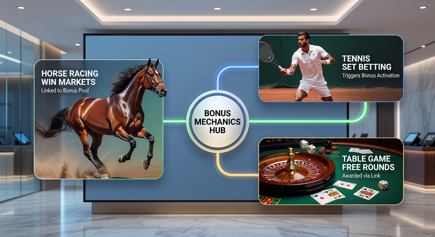 Smartphone screen showing interconnected bonus progress bar linking racing, tennis, and casino sections
