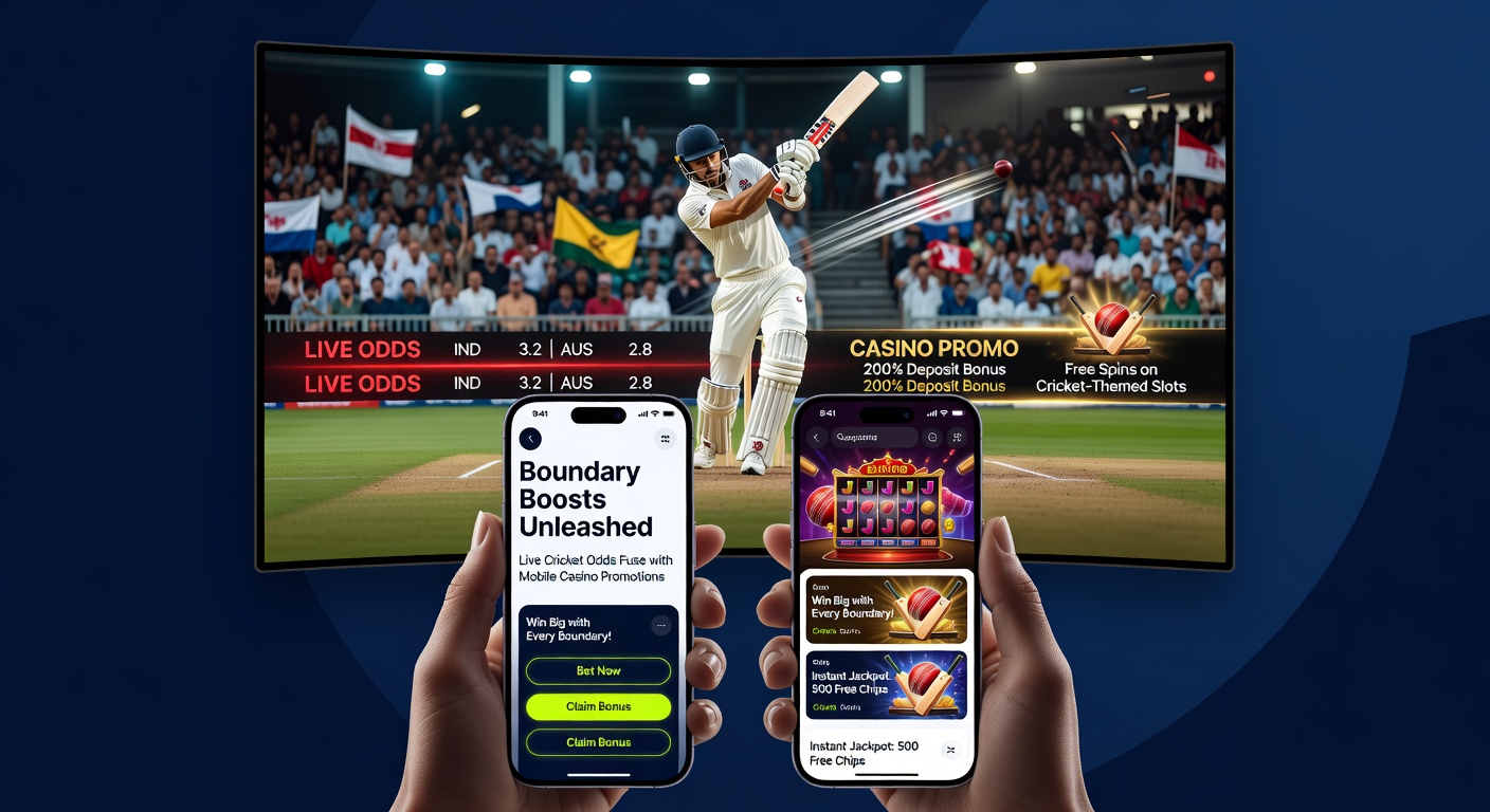 Mobile phone screen showing live cricket odds with boundary boost promotions and casino slot spins integrated