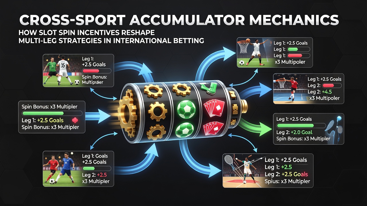 International basketball and cricket circuits with overlaid slot spin bonus mechanics illustration