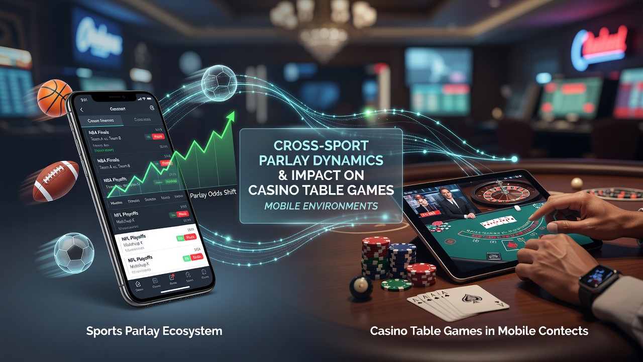 Illustration of mobile screen showing linked sports parlay results converting into casino table game credits