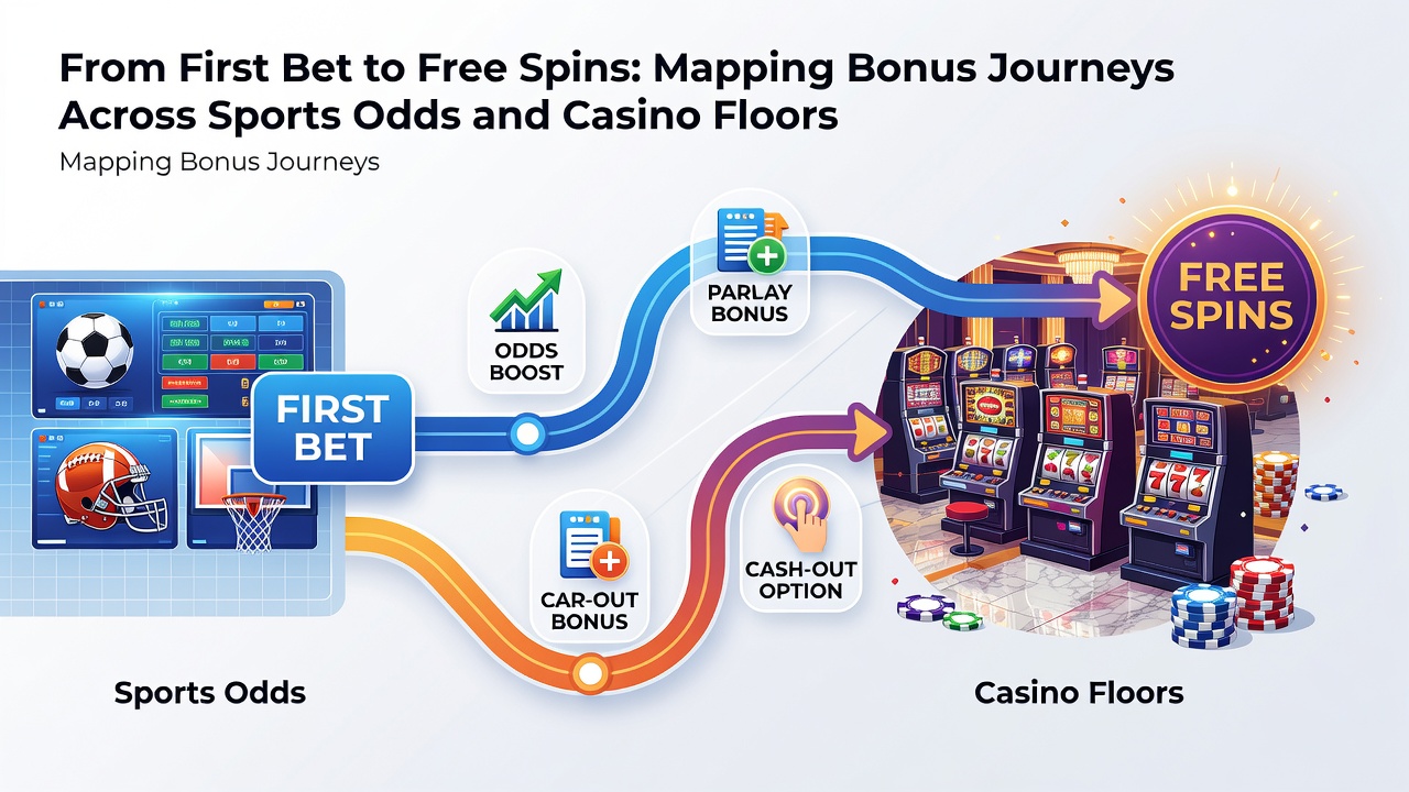 Screenshot of a mobile app displaying bonus progress bars connecting a soccer match odds screen to a slots lobby with free spin counters