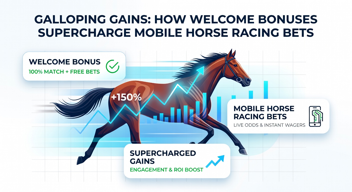 Close-up of a smartphone screen displaying a horse racing app with a prominent welcome bonus popup, odds for upcoming races, and a vibrant track background