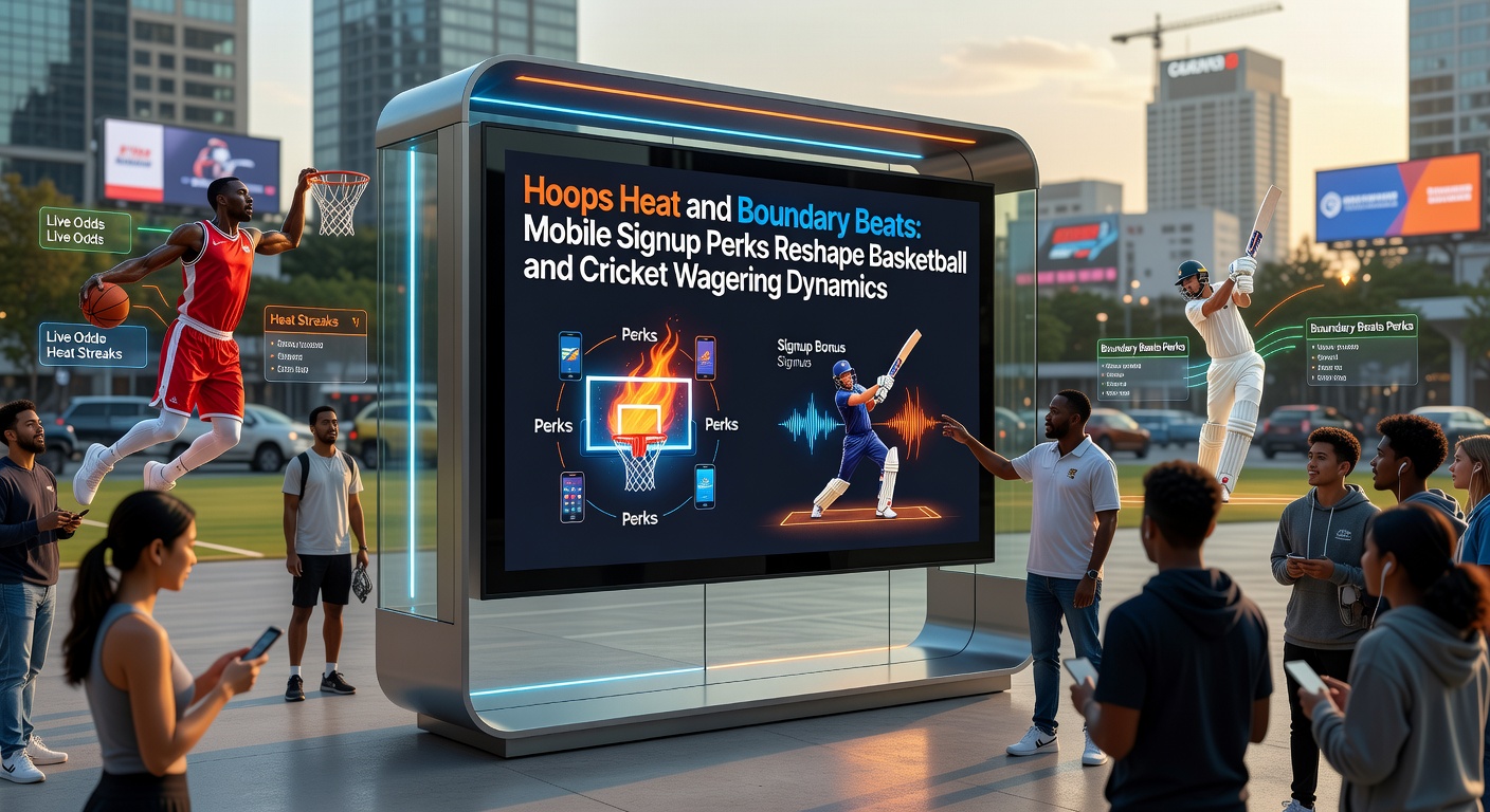 Cricket batsman smashing a boundary six during an IPL match with overlaid graphics showing mobile signup bonus claims and live odds updates