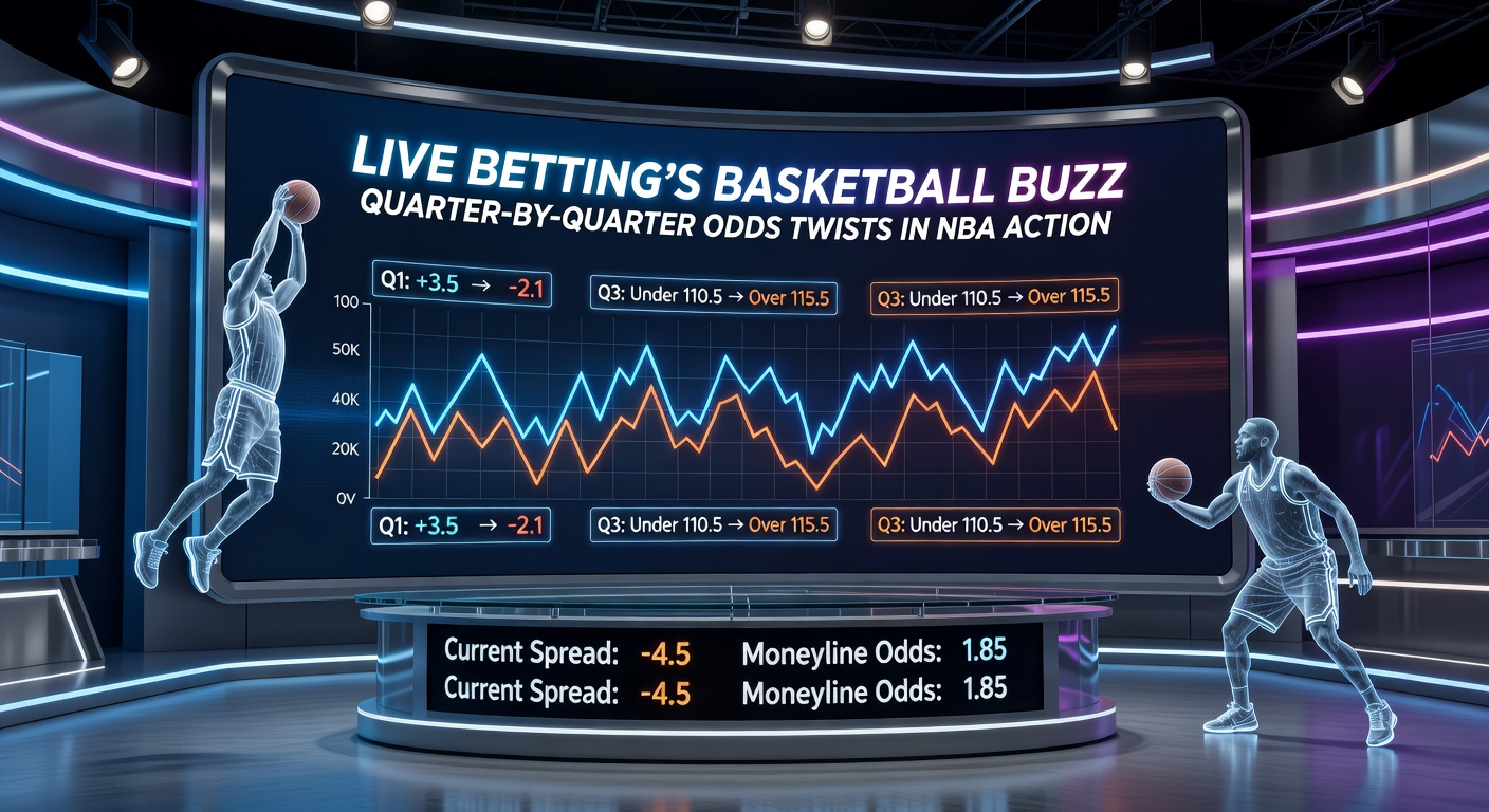 Close-up of NBA players huddling at halftime with overlaid live odds charts illustrating dramatic second-half line movements