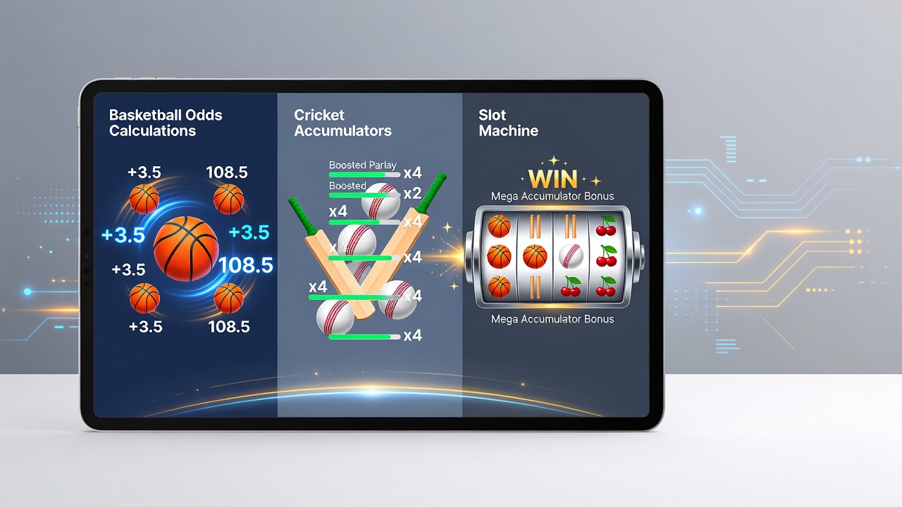 Screenshot of integrated mobile app showing basketball odds alongside cricket accumulator builder and slot reward progress bar