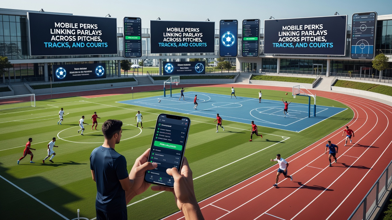 Infographic showing bonus flow from football pitch bets to horse track and tennis court parlays on a smartphone screen