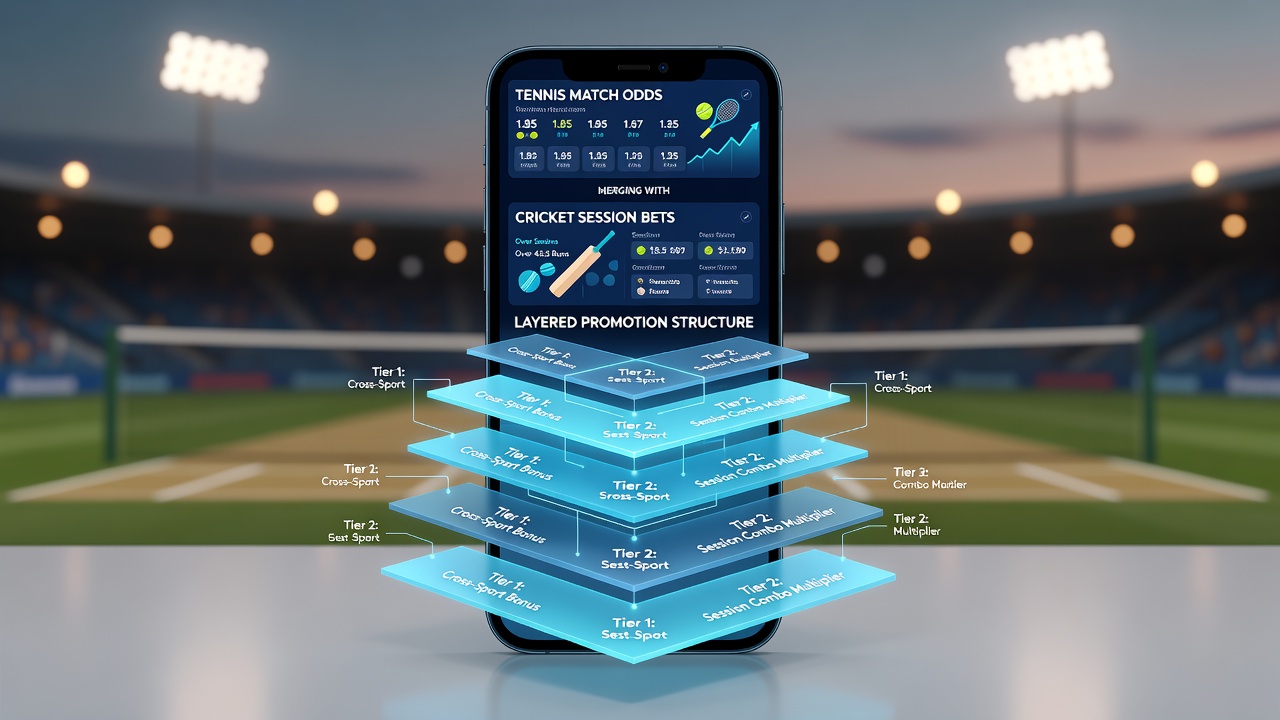 User interface screenshot illustrating layered promotional flow from tennis odds to cricket session bets on a mobile device