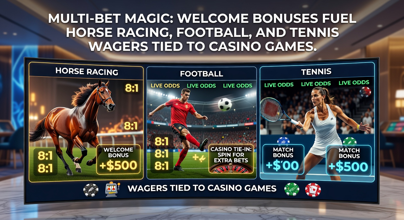 Dynamic split-screen graphic illustrating a soccer goal celebration merging into a horse race finish, tennis serve ace flowing to slot machine jackpot, overlaid with bonus explosion effects