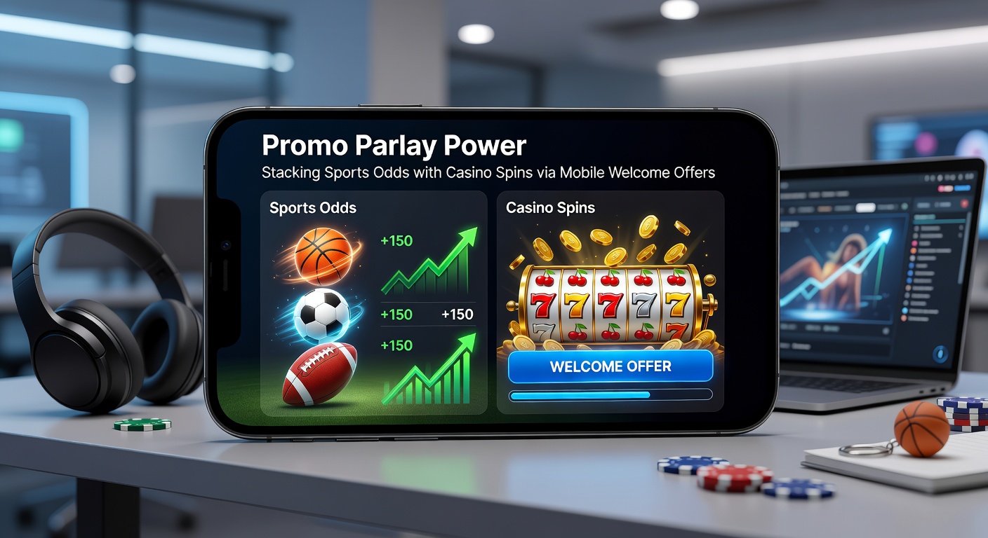 Screenshot-style graphic showing a mobile app interface with parlay builder and casino spins claim