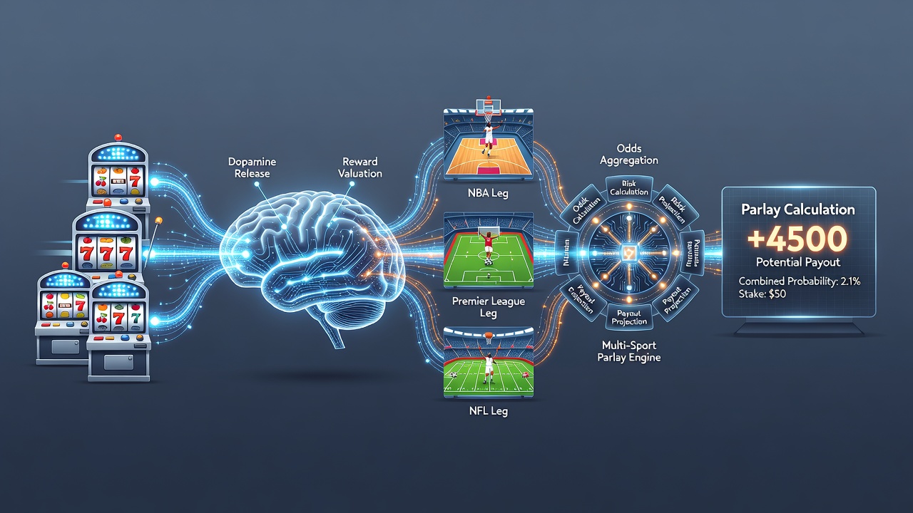 Infographic comparing dopamine response curves for slot machine spins versus multi-leg parlay resolutions
