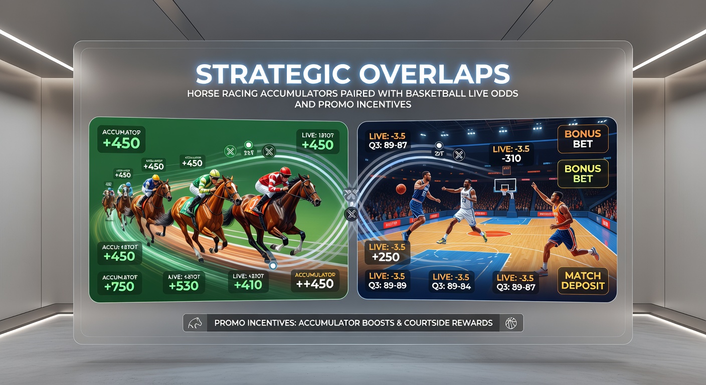 Vibrant split-image of a horse race finish line juxtaposed with an NBA buzzer-beater moment, overlaid with accumulator payout graphs and promo badge icons
