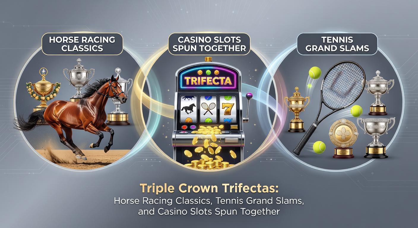 Dynamic collage showing tennis player mid-serve at Wimbledon, a Belmont Stakes horse surging ahead, and glowing slot machine jackpot lights, highlighting mobile betting integrations